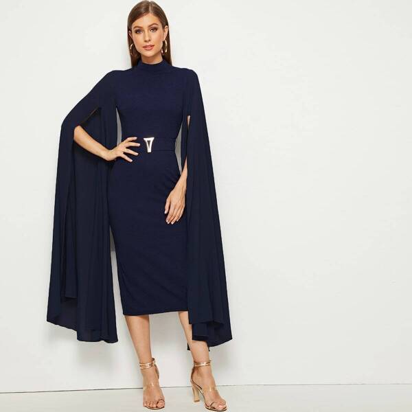 

Exaggerated Split Sleeve Belted Pencil Dress, Navy