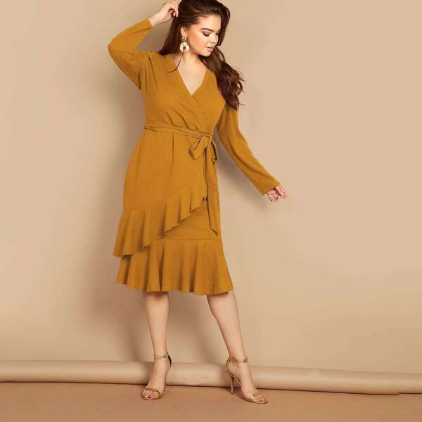 

Plus Solid Ruffle Trim Wrap Belted Dress, Yellow