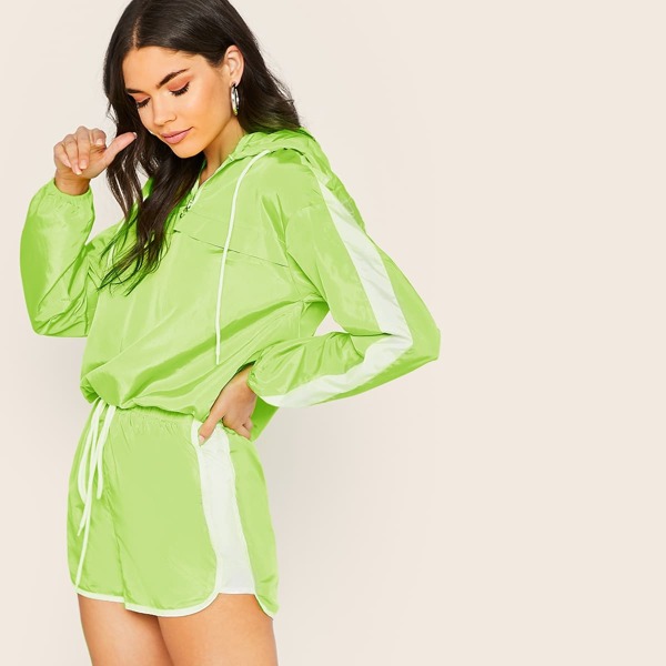 

Zip Half Placket Silky Hoodie & Dolphin Shorts Set