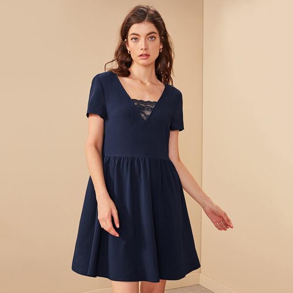 

Lace Insert V-back Smock Dress, Navy