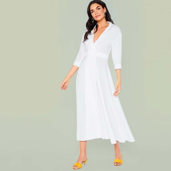 

Notched Collar Wrap Fit & Flare Dress, White