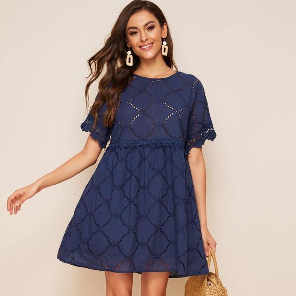 

Lace Trim Eyelet Embroidered Smock Dress, Navy