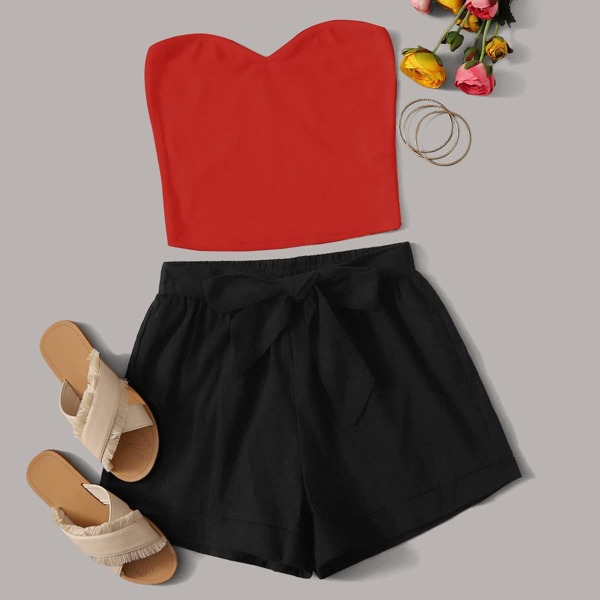 

Sweetheart Neck Tube Top & Tie Front Shorts Set, Multicolor