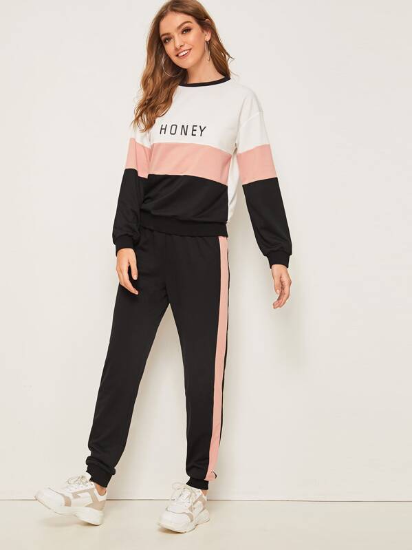 

Letter Print Color Block Pullover & Sweatpants Set, Multicolor, Luiza