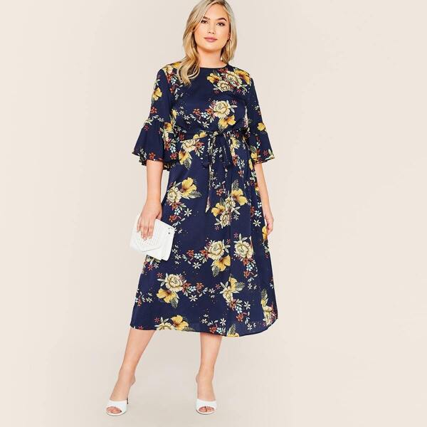 

Plus Flounce Sleeve Self Belted Floral Print Dress