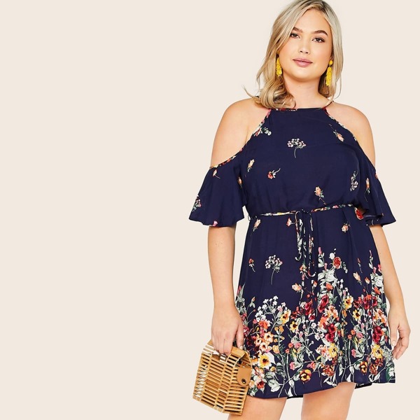 

Plus Floral Print Cold Shoulder Belted Halter Dress, Navy