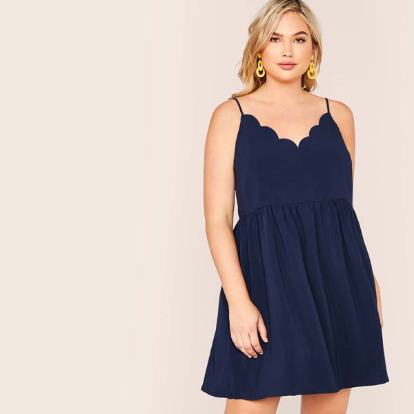 

Plus Scallop Trim Flare Slip Dress, Navy