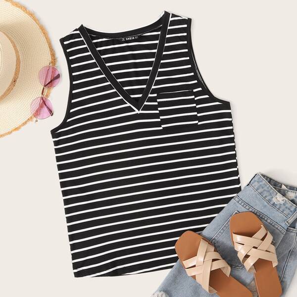 

Pocket Patched Striped Tank Top