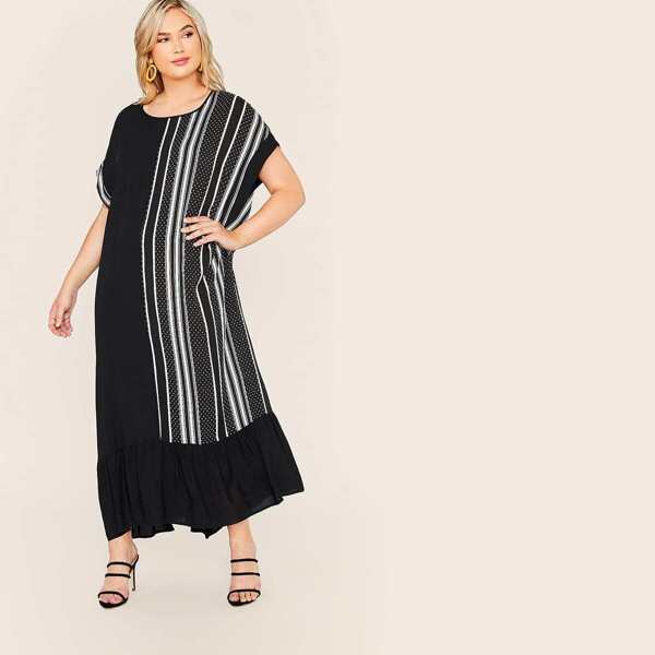 

Plus Flounce Hem Striped & Polka Dot Dress, Black