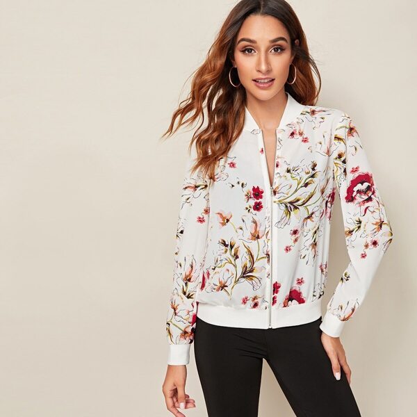 

Zip Up Floral Print Jacket, White
