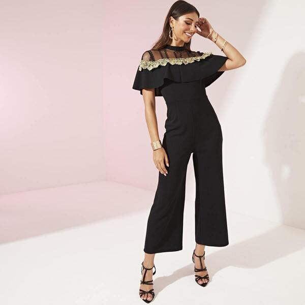 

Lace Yoke Insert Ruffle Palazzo Jumpsuit, Black