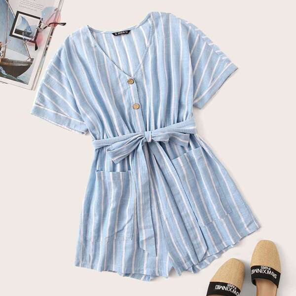 

Rolled Cuff Pocket Front Self Belted Striped Romper, Blue pastel