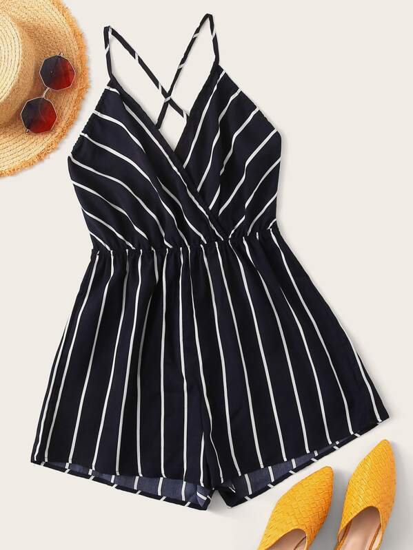 

Surplice Neck Crisscross Back Striped Playsuit, Navy