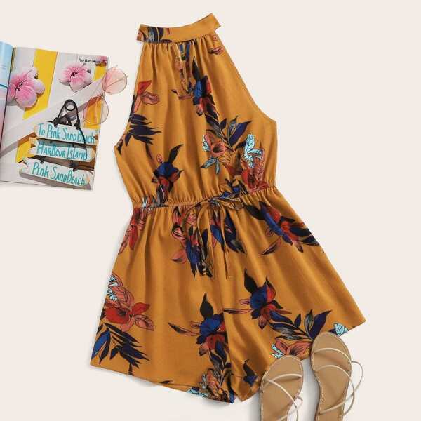 

Drawstring Waist Split Back Floral Print Halter Romper