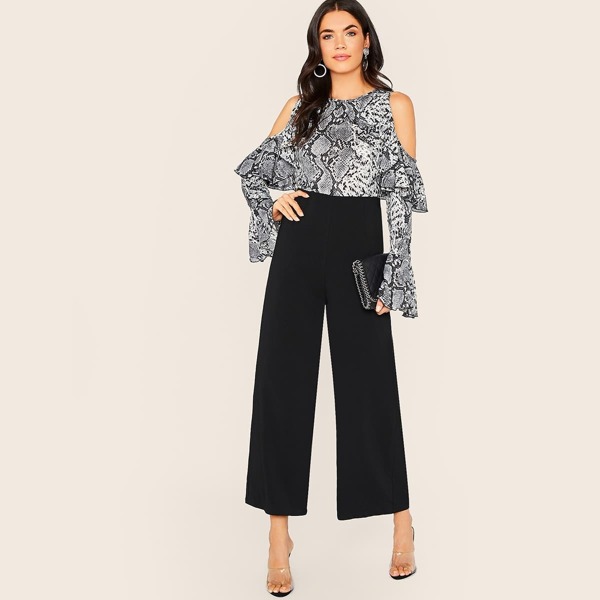 

Snakeskin Cold Shoulder Ruffle Wide Leg Jumpsuit, Black