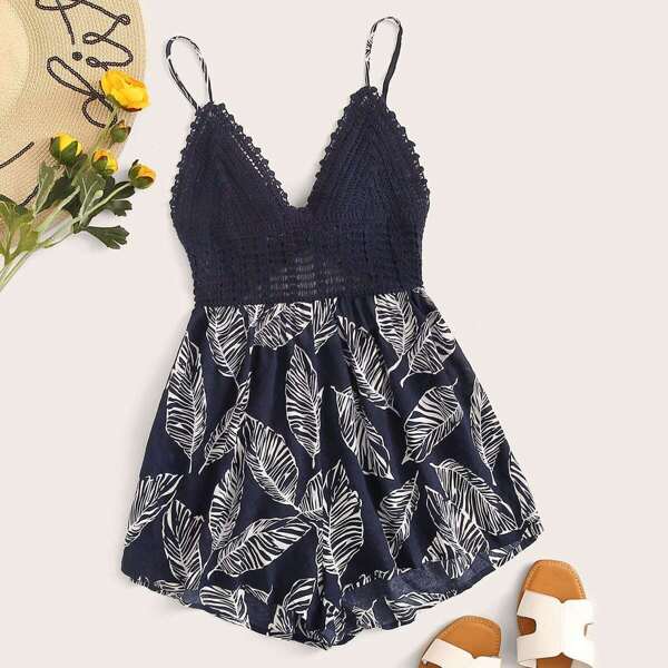 

Tie Back Tropical Print Lace Bustier Cami Romper