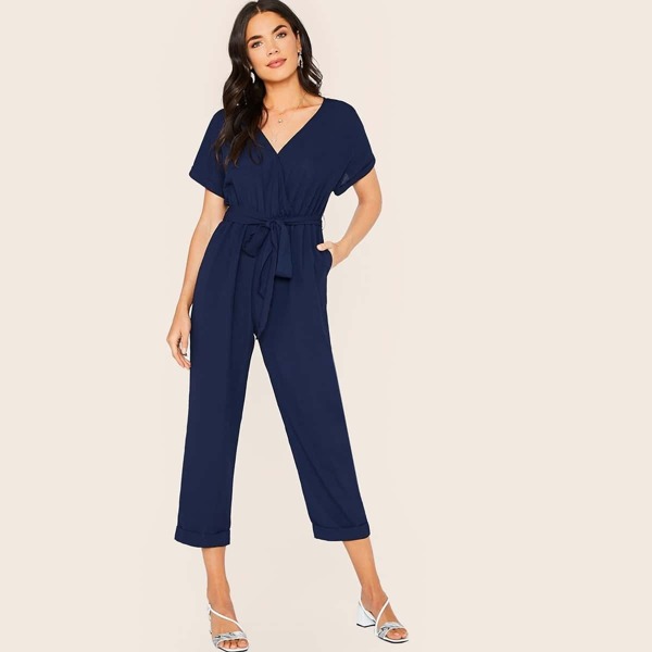 

Solid Belted Straight Leg Jumpsuit, Navy