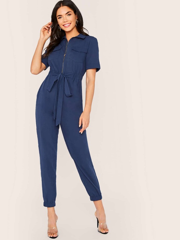 

Flap Pocket Front Zip Up Utility Jumpsuit, Navy, Aarika Wolf