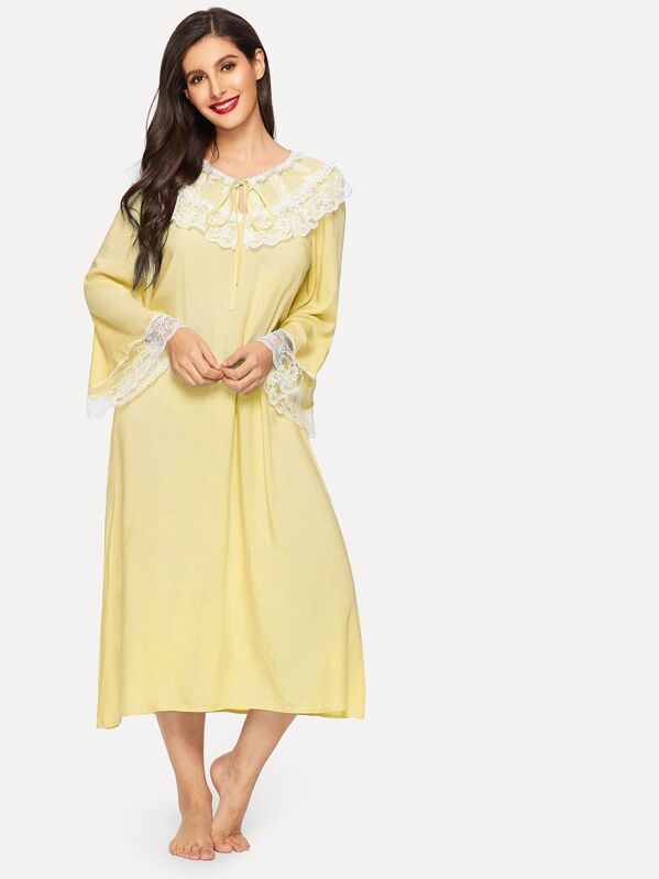 

Tie Neck Embroidered Mesh Detail Bell Sleeve Nightdress, Yellow, Jeane