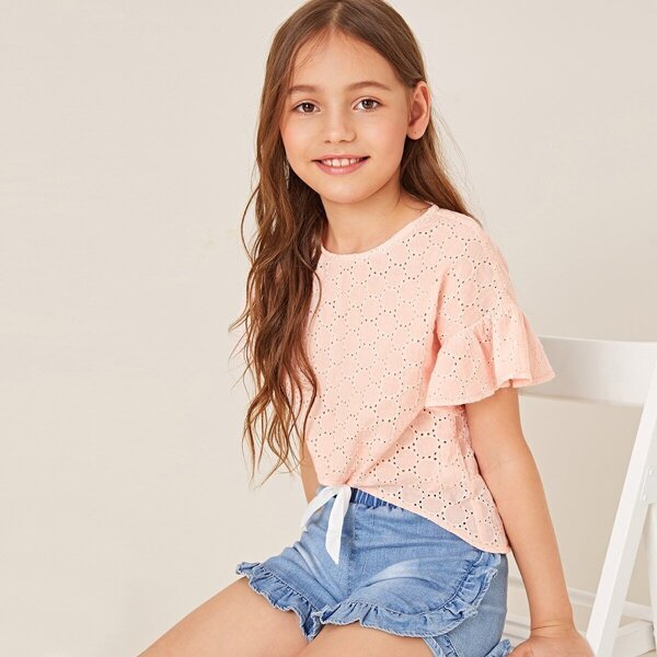 

Girls Flounce Sleeve Knot Front Schiffy Top, Pink pastel