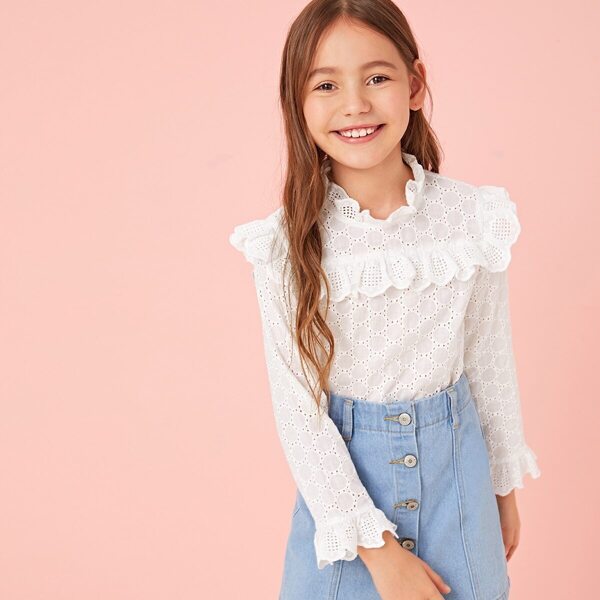 

Girls Mock-Neck Ruffle Trim Schiffy Top, White
