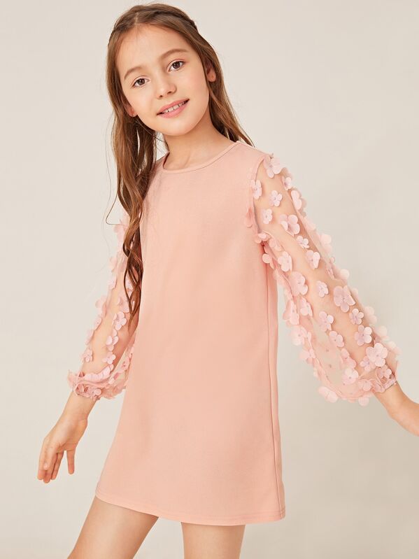 

Girls 3D Appliques Mesh Sleeve Dress, Pink, Alice A