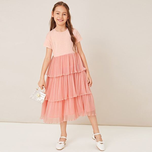 

Girls Layered Plisse Ruffle Hem Tee Dress, Pink pastel