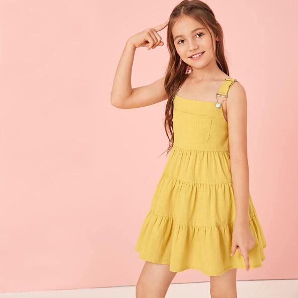 

Girls Solid Pocket Patch Layered Hem Dress