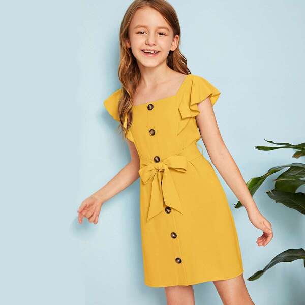

Girls Ruffle Sleeve Button Up Belted Dress, Yellow bright