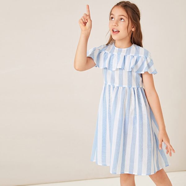 

Girls Ruffle Foldover Striped Dress, Blue pastel