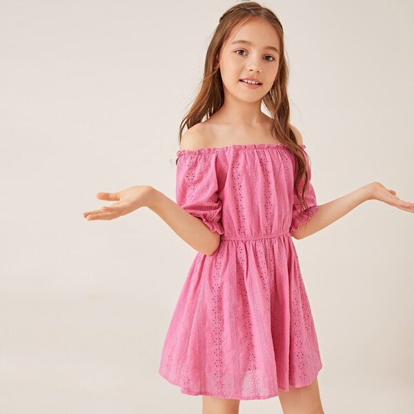 

Girls Solid Frill Trim Schiffy Dress, Pink
