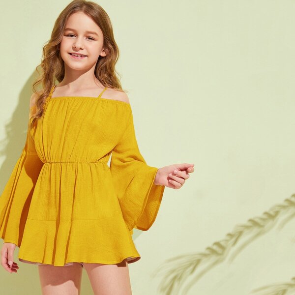 

Girls Cold Shoulder Bell Sleeve Romper, Yellow