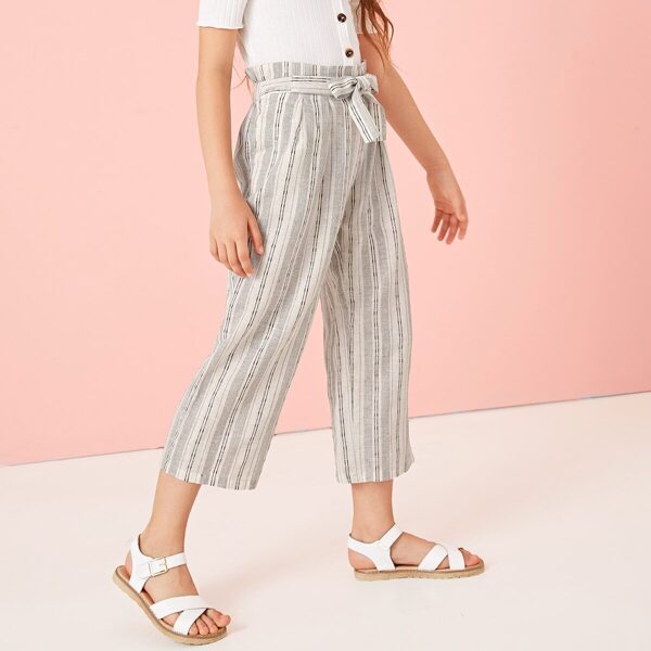 

Girls Belted Paperbag Waist Striped Culotte Pants, Multicolor
