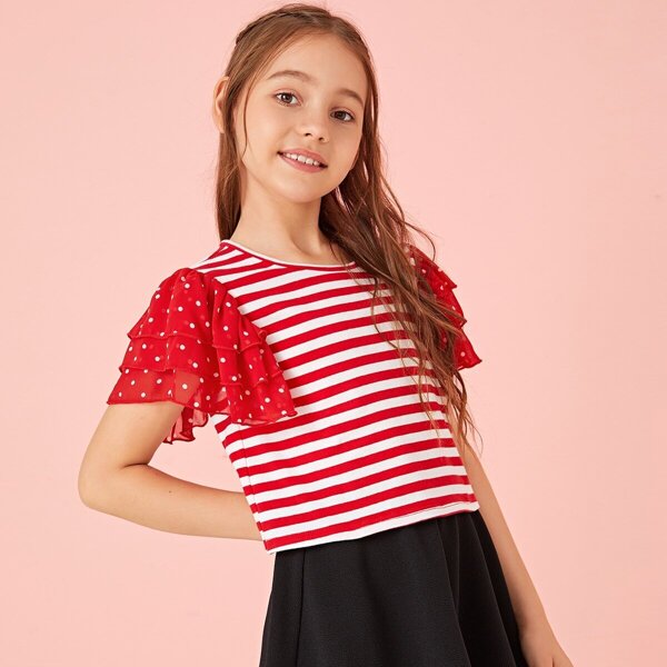 

Girls Striped Ruffle Layered Sleeve Top, Red