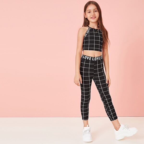 

Girls Grid Print Letter Tape Top & Leggings Set