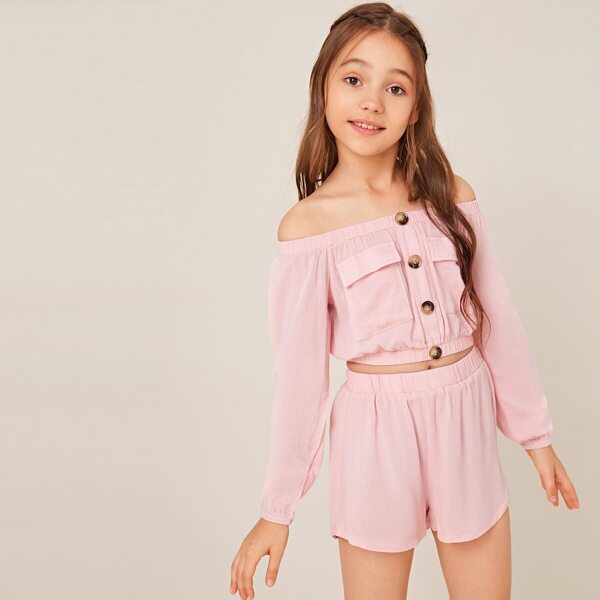 

Girls Flap Pocket Button Bardot Crop Top & Shorts Set, Pink pastel