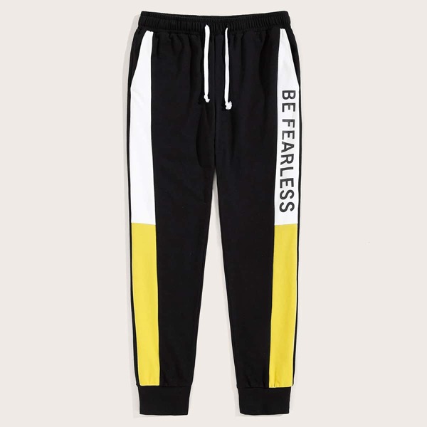 

Men Slogan Graphic Slant Pocket Colorblock Sweatpants, Black