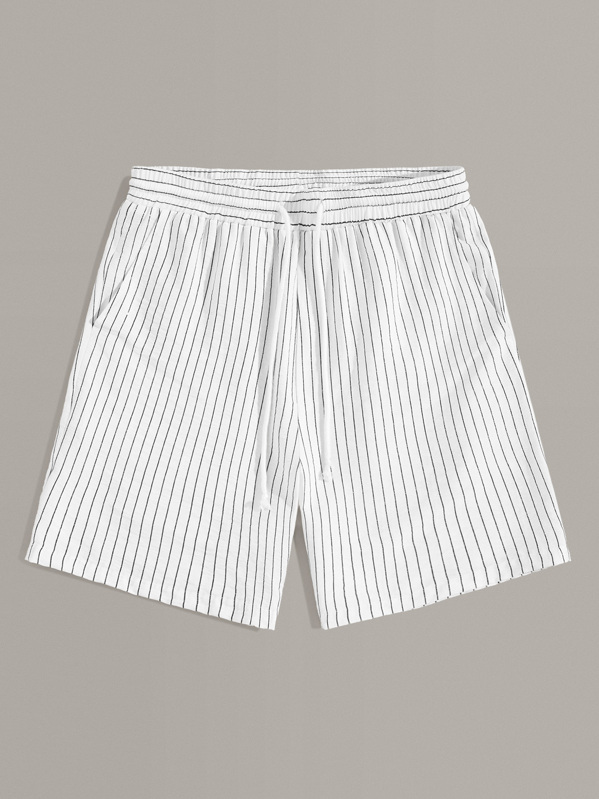 

Men Drawstring Waist Slant Pocket Striped Shorts, White