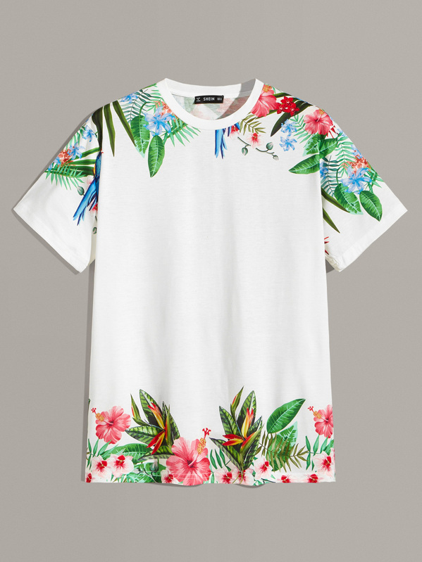 

Men Tropical and Floral Print Tee, White