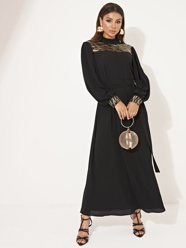 

Sequin Detail Mesh Yoke Belted Dress, Black, Amira S