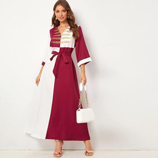 

Embroidery Front Self Belted Two Tone Dress, Multicolor