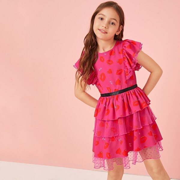 

Girls Mixed Print Flutter Sleeve Mesh Trim Layered Hem Dress, Pink bright