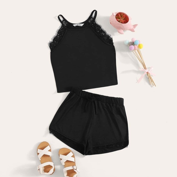 

Girls Eyelash Lace Halter Top and Shorts PJ Set