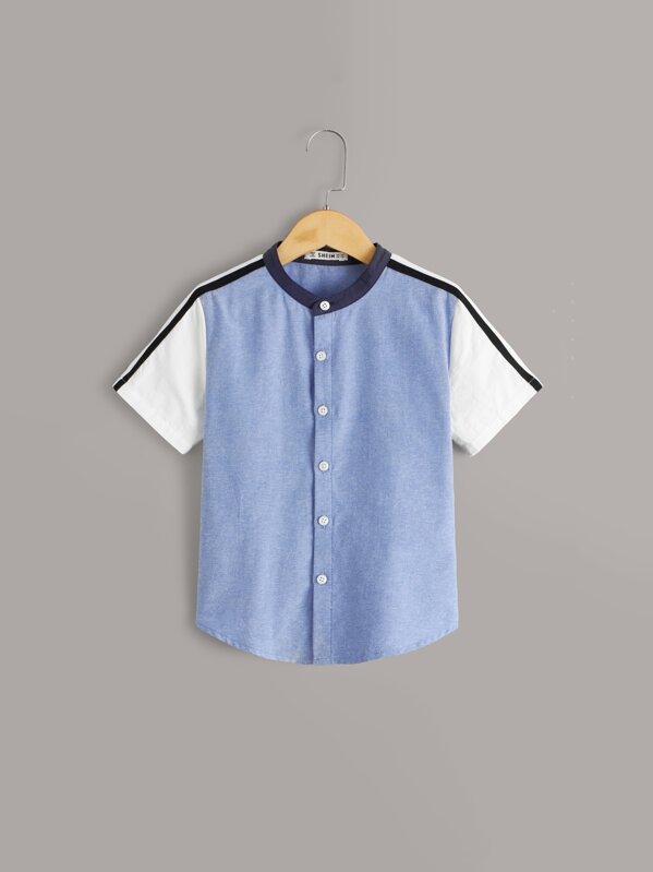 

Boys Contrast Neck Striped Tape Sleeve Colorblock Shirt, Blue