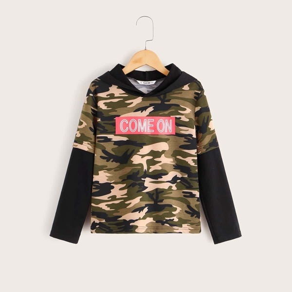 

Boys Slogan and Camo Print Colorblock Hoodie, Multicolor
