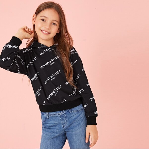

Girls Letter Print Hoodie, Black