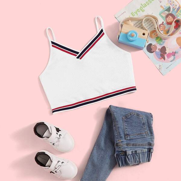 

Girls Surplice Neck Striped Trim Cami Top