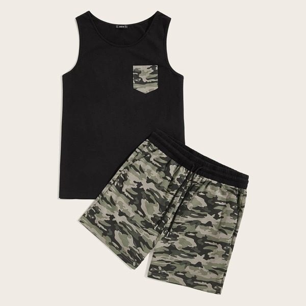 

Men Camo Pocket Patched Tank Top and Shorts Set, Multicolor