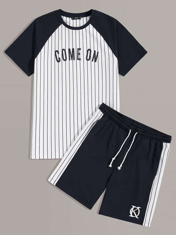 

Men Raglan Sleeve Tee and Drawstring Waist Shorts Set, Multicolor