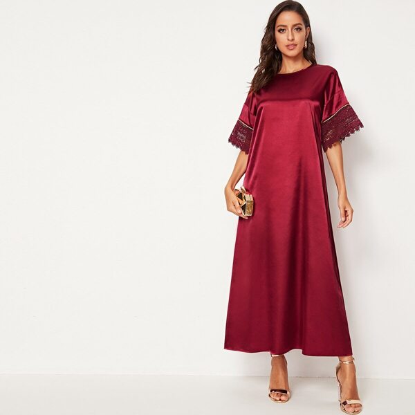 

Contrast Binding Guipure Lace Cuff Satin Dress, Burgundy